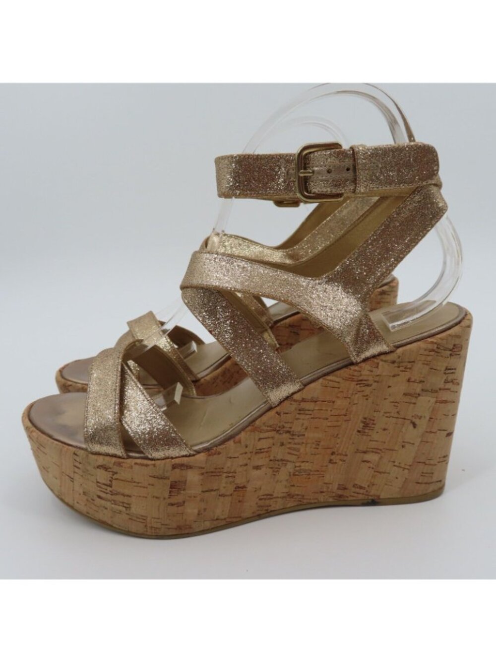 Stuart Weitzman Women 9M Gold Glitter Cork Platform Wedge Sandals Strappy Shoes - Picture 5 of 13